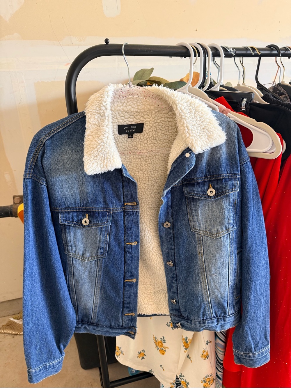 Love Tree Blue Denim Jacket with White Sherpa Collar